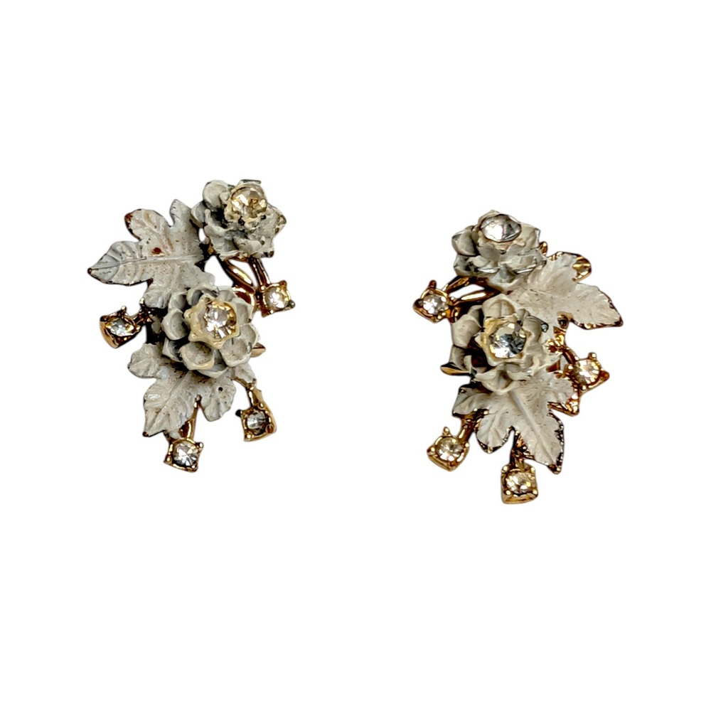 Vintage White Enamel Flower Clip On Earrings Gold Tone Rhinestone Floral Rose